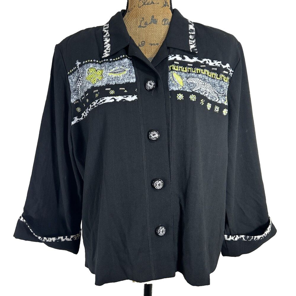 City‎ Girl Jacket LARGE Black Cheetah Print Button 3/4 Sl USA Made Metal UNIQUE